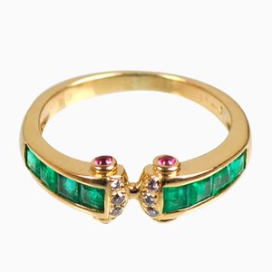 18K Gold, Sapphire, Emerald & Diamond Ring, 1990s-AX-845584