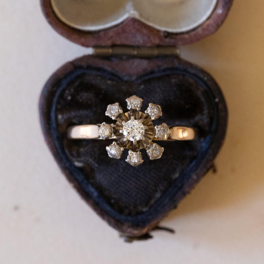 18k Vintage Gold and Silver Daisy Ring with Diamonds, 1910s