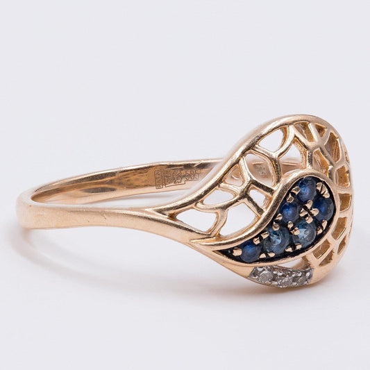 18K Vintage Yellow Gold Ring with Sapphires and Diamonds, 1970s