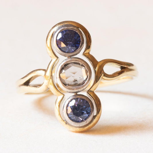 18k Yellow Gold and Silver Trilogy Ring with Synthetic Sapphires and Rosette-Cut Diamond, 1930s