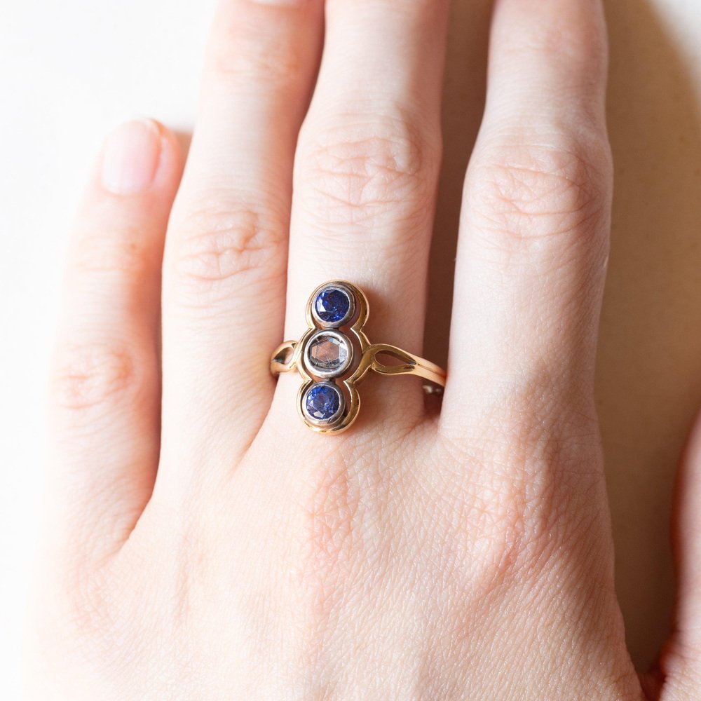 18k Yellow Gold and Silver Trilogy Ring with Synthetic Sapphires and Rosette-Cut Diamond, 1930s