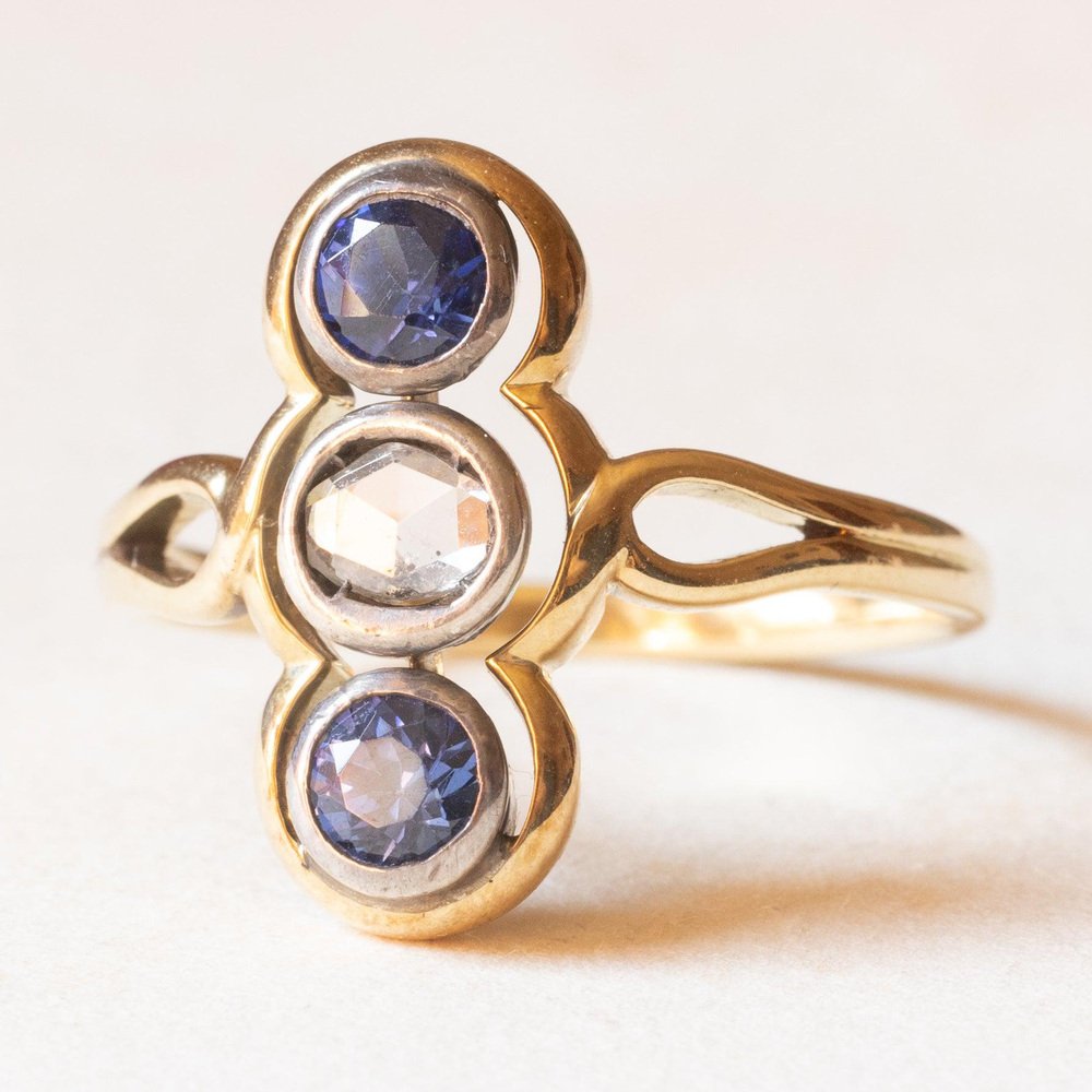 18k Yellow Gold and Silver Trilogy Ring with Synthetic Sapphires and Rosette-Cut Diamond, 1930s