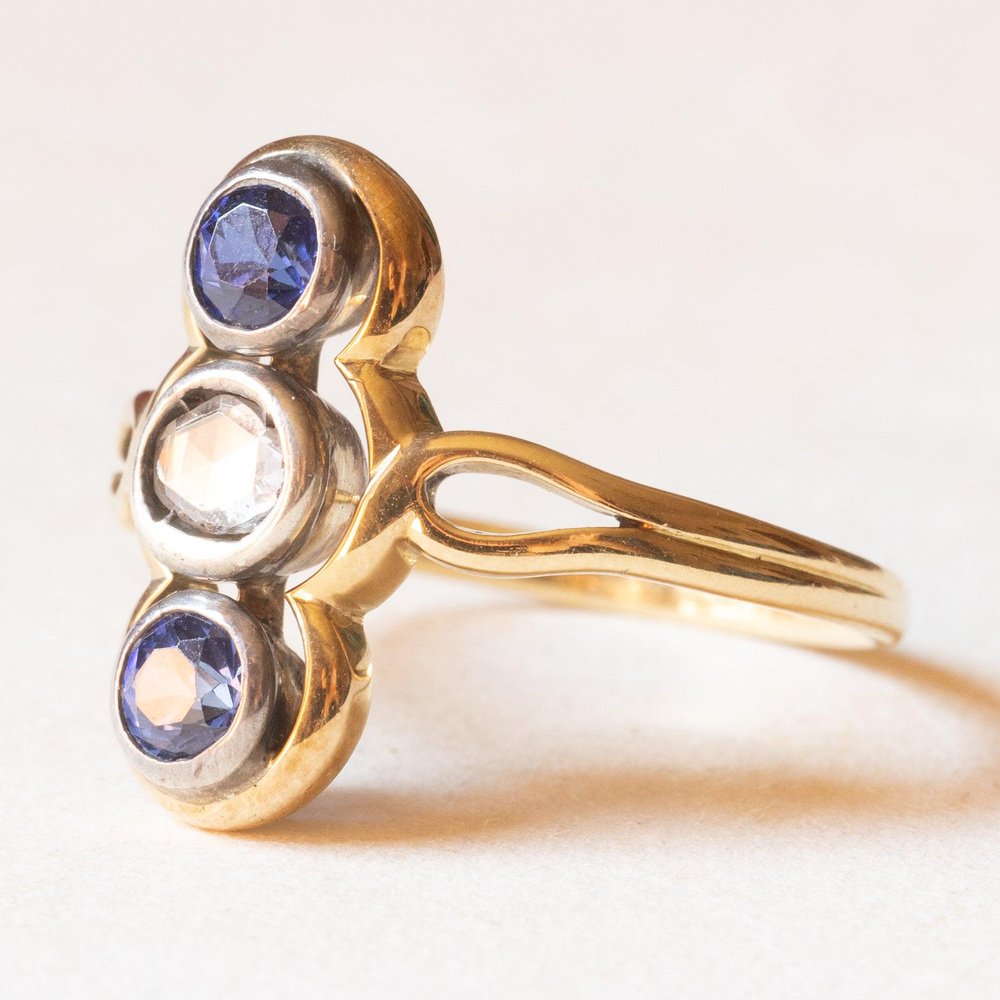 18k Yellow Gold and Silver Trilogy Ring with Synthetic Sapphires and Rosette-Cut Diamond, 1930s