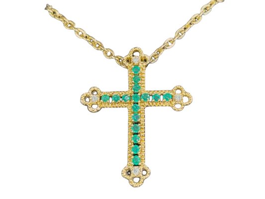 18K Yellow Gold, Emerald & Diamond Cross Pendant-TCS-1098213