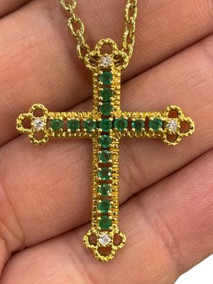 18K Yellow Gold, Emerald & Diamond Cross Pendant-TCS-1098213