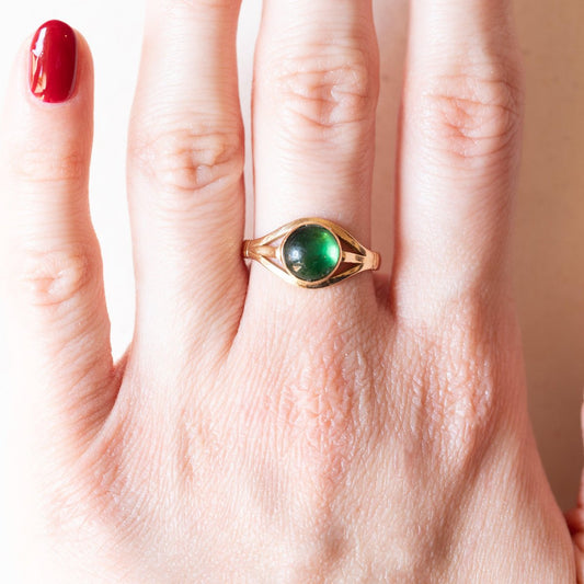 18k Yellow Gold with Green Glass Paste Ring, 1940s