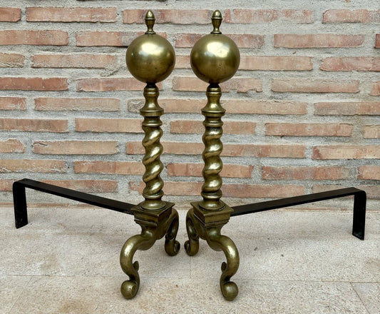 18th American Chippendale Style Brass Cannonball Andiron Firedog with Log Stops, Set of 2