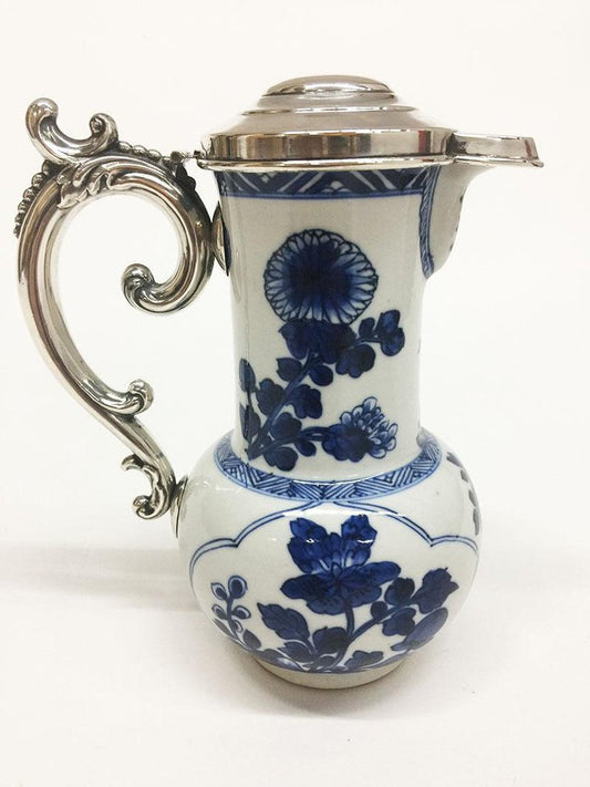 18th Century Chinese Kangxi Blue and White Porcelain and Silver Jug, 1662-1722