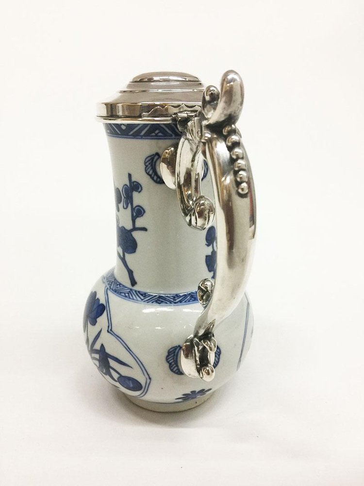 18th Century Chinese Kangxi Blue and White Porcelain and Silver Jug, 1662-1722