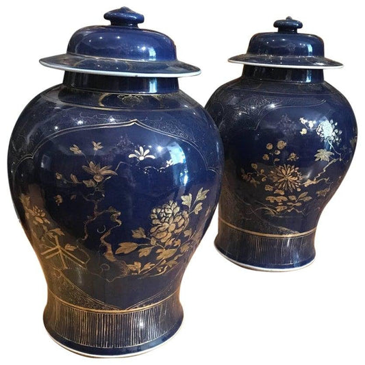 18th Century Chinese Powder Blue Gilt Decorated Jars, Set of 2