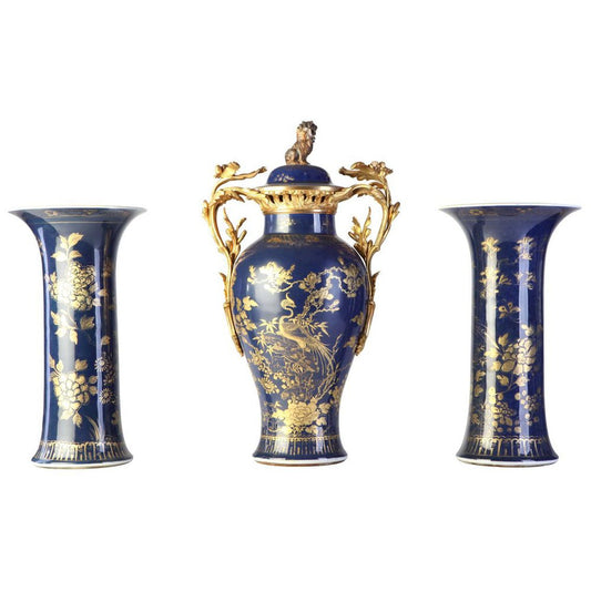 18th Century Chinese Powder Blue Gilt-Decorated Vases, 1780s, Set of 3