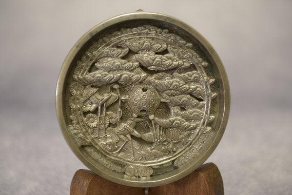 18th Century Edo Japanese Mirror in Cast Bronze Theme Longevity-NEN-2020364