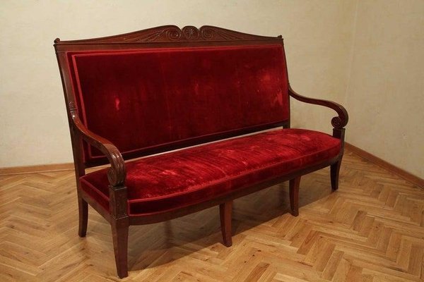 18th Century French Hand Carved Mahogany Upholstered Sofa in the style of George Jacob-AXE-1433407