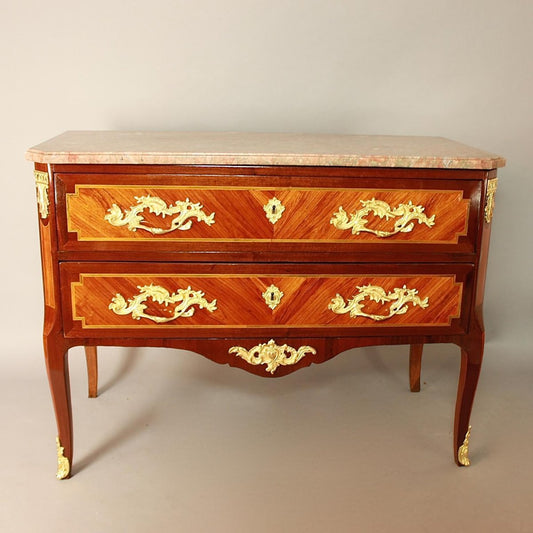 18th Century French Louis XV Transition Marquetry Gilt Bronze Commode