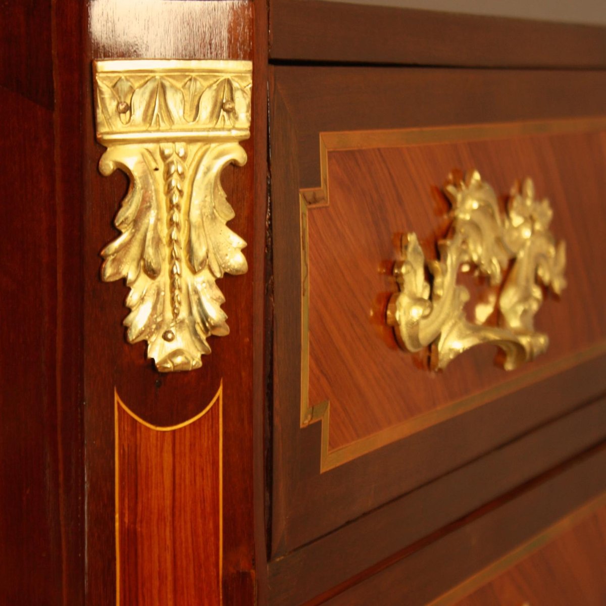 18th Century French Louis XV Transition Marquetry Gilt Bronze Commode