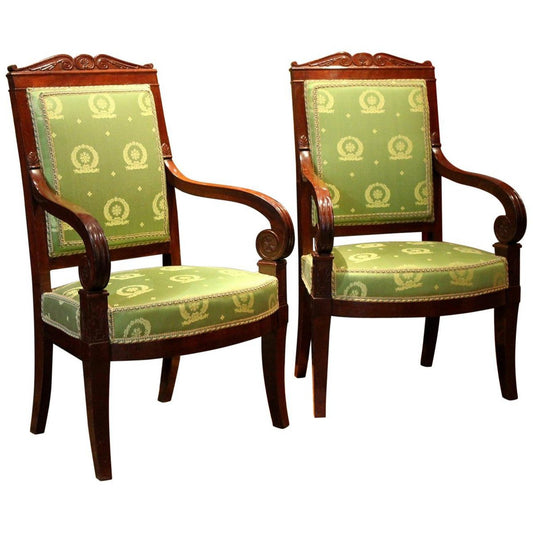 18th Century French Mahogany and Green Silk Upholster High Back Armchairs, Set of 2