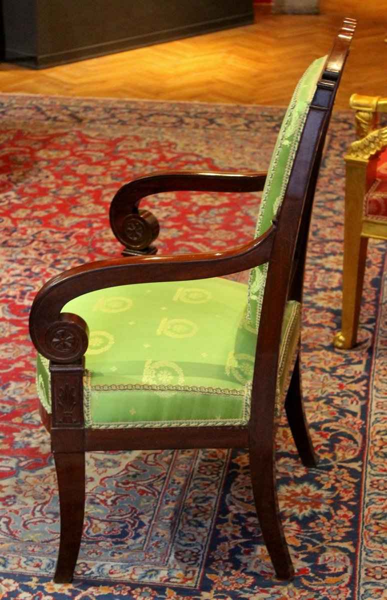 18th Century French Mahogany and Green Silk Upholster High Back Armchairs, Set of 2