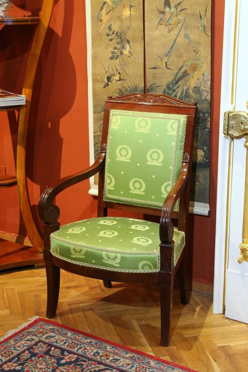 18th Century French Mahogany and Green Silk Upholster High Back Armchairs, Set of 2