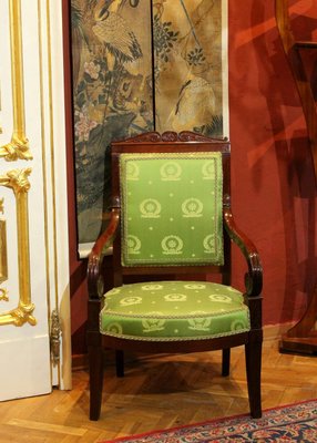 18th Century French Mahogany and Green Silk Upholster High Back Armchairs, Set of 2-AXE-1433455