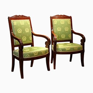 18th Century French Mahogany and Green Silk Upholster High Back Armchairs, Set of 2-AXE-1433455