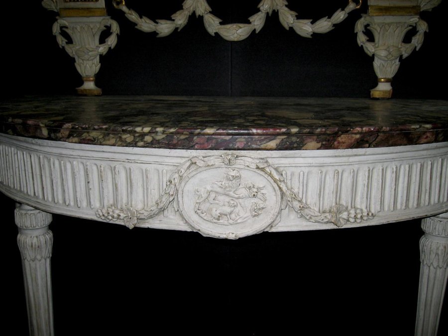 18th Century Italian Louis XVI Ivory Painted Demilune Console Table