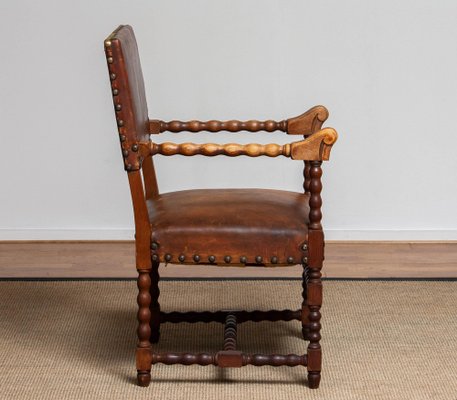 18th Century Italian Oak Brown Leather Armchair-JE-987179