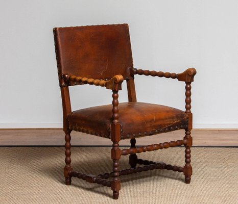 18th Century Italian Oak Brown Leather Armchair-JE-987179