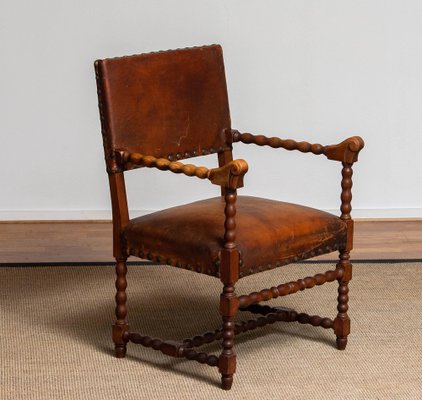 18th Century Italian Oak Brown Leather Armchair-JE-987179