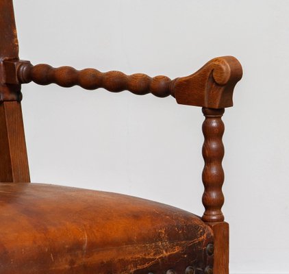 18th Century Italian Oak Brown Leather Armchair-JE-987179