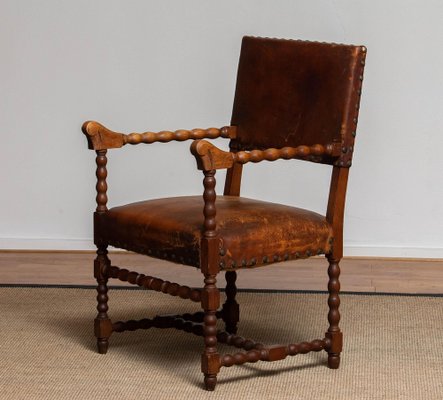 18th Century Italian Oak Brown Leather Armchair-JE-987179