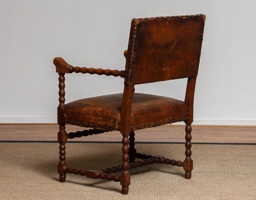 18th Century Italian Oak Brown Leather Armchair-JE-987179