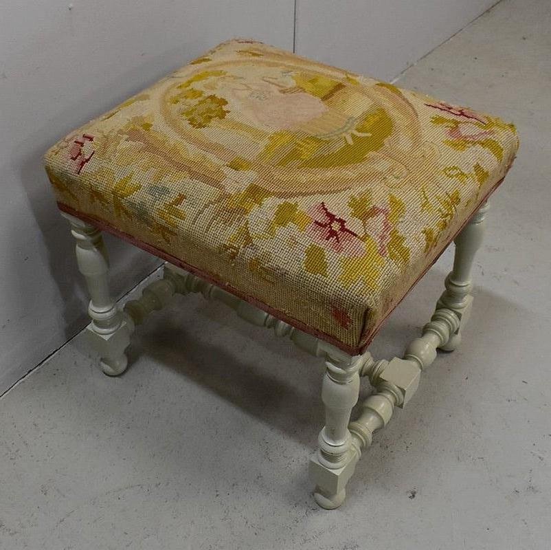 18th Century Louis XIV Style Canvas and Wood Stool