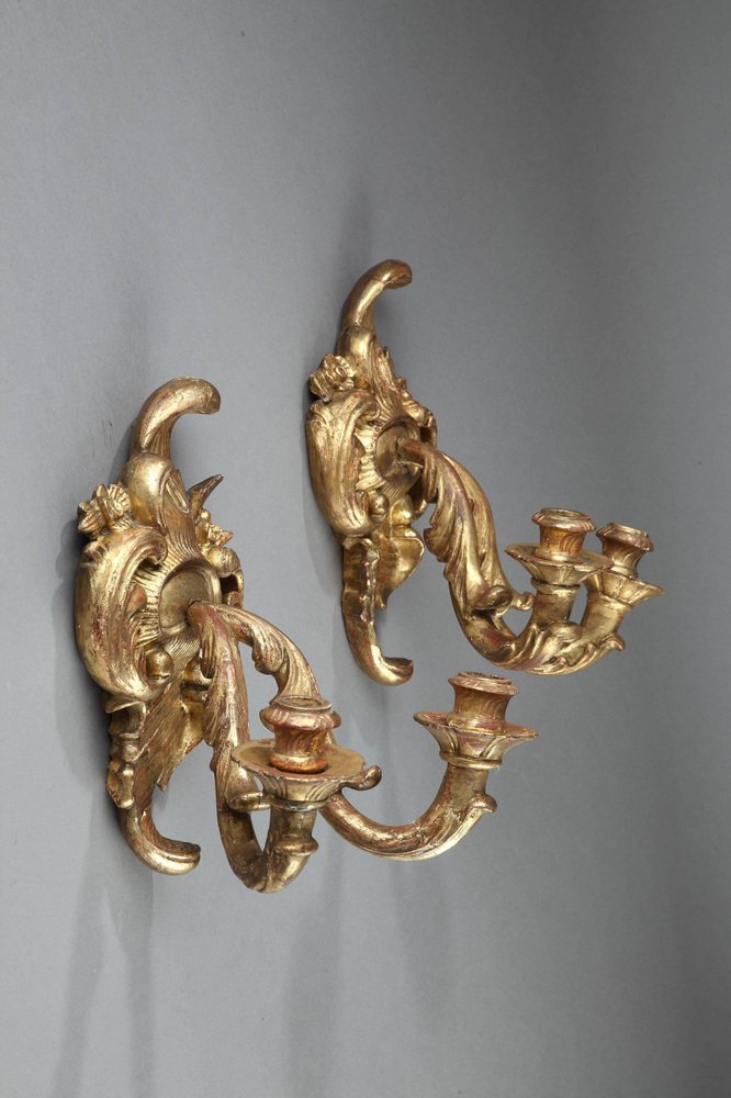 18th Century Louis XV Giltwood Two-Light Sconces, Set of 2