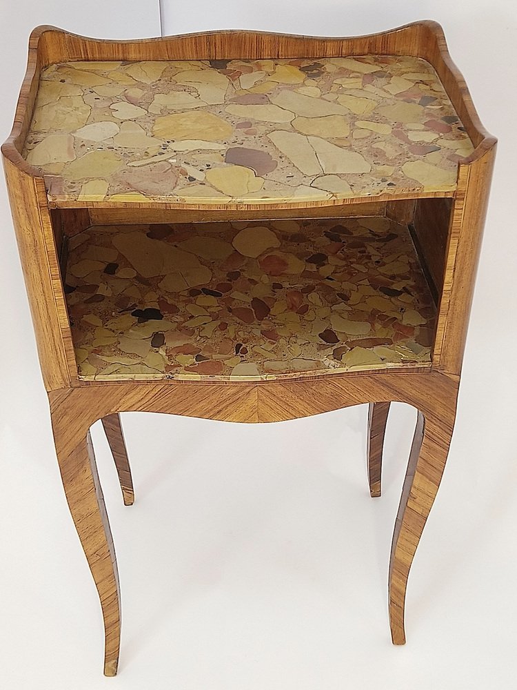 18th Century Louis XV Side Table in Oak, Wood, Rosewood, Marble, Walnut