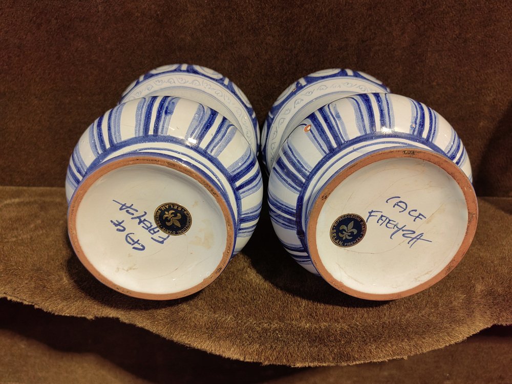 18th Century Malva and Valeriana Albarelli Jars in Blue and White Ceramic with Original Lids, Set of 2