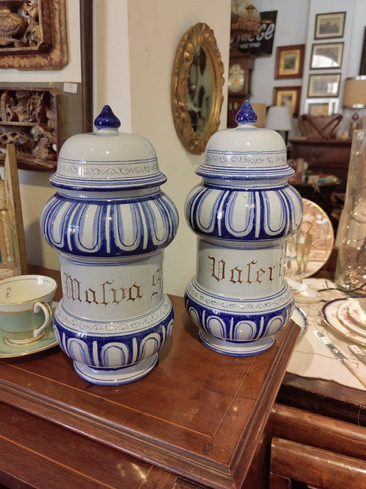 18th Century Malva and Valeriana Albarelli Jars in Blue and White Ceramic with Original Lids, Set of 2