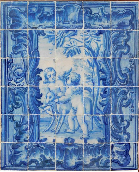 18th Century Portuguese Azulejos Tiles Panel with Angels Decor