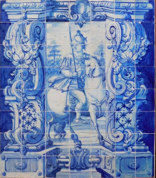 18th Century Portuguese Azulejos Tiles Panel with Knight Vase Decor