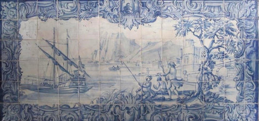 18th Century Portuguese Azulejos Tiles Panel with River Scene