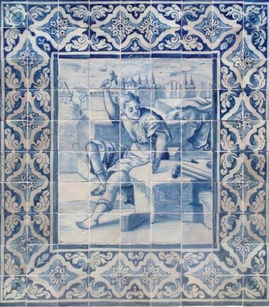 18th Century Portuguese Azulejos Tiles Panel with Sculpture Decor