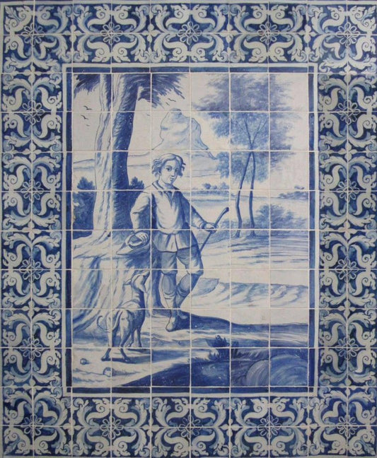 18th Century Portuguese Azulejos Tiles Panel with The Boy and The Dog