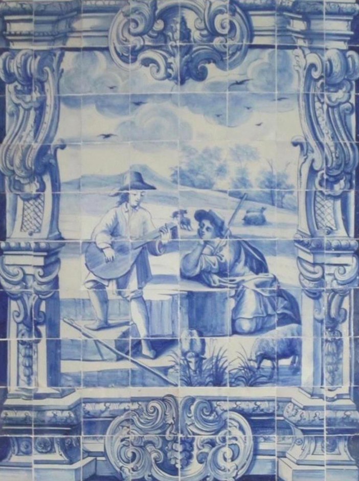 18th Century Portuguese Azulejos Tiles Panel with Troubadour Decor