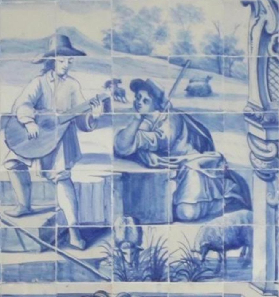 18th Century Portuguese Azulejos Tiles Panel with Troubadour Decor