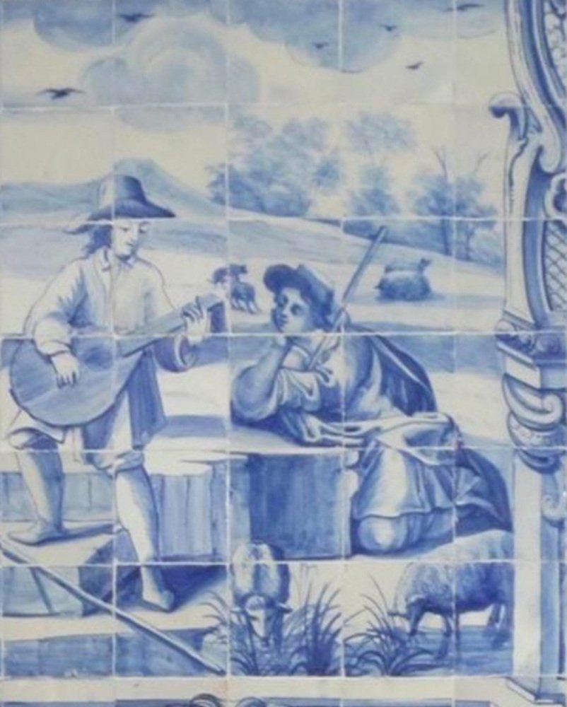 18th Century Portuguese Azulejos Tiles Panel with Troubadour Decor