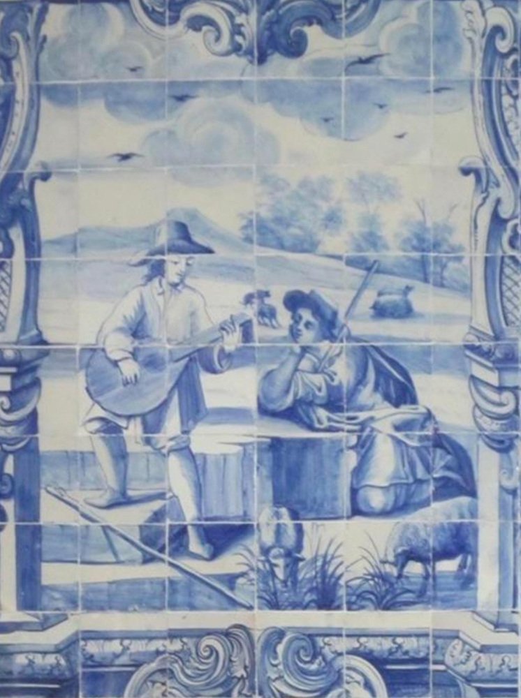 18th Century Portuguese Azulejos Tiles Panel with Troubadour Decor