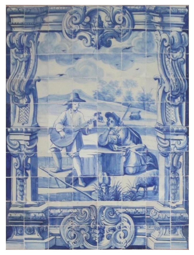 18th Century Portuguese Azulejos Tiles Panel with Troubadour Decor