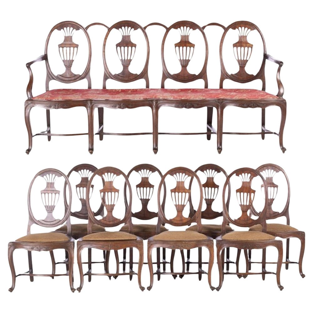 18th Century Portuguese Chairs and Sofa in Oilwood, Set of 9