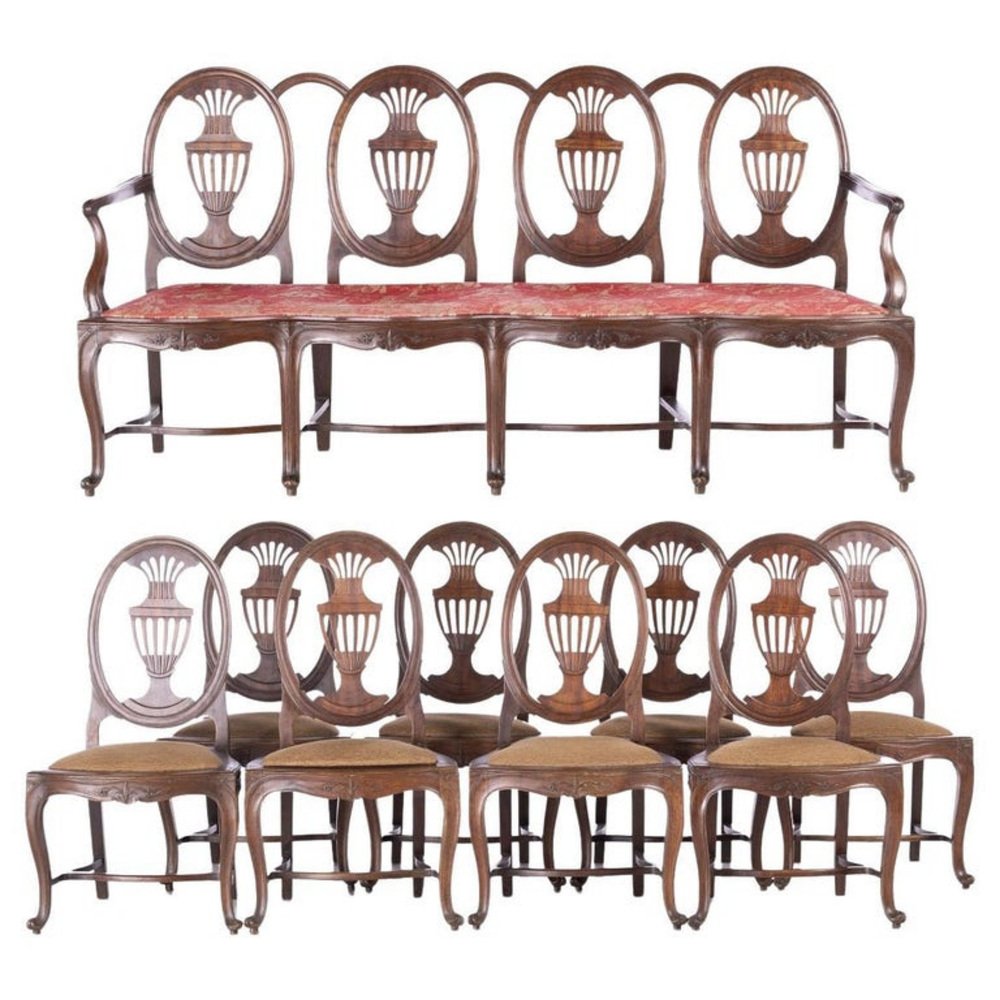 18th Century Portuguese Chairs and Sofa in Oilwood, Set of 9