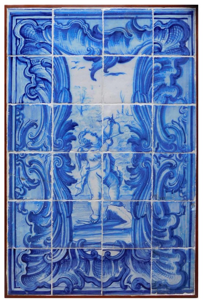 18th Century Portuguese Tiles Panel with Cupid Decor, Set of 24