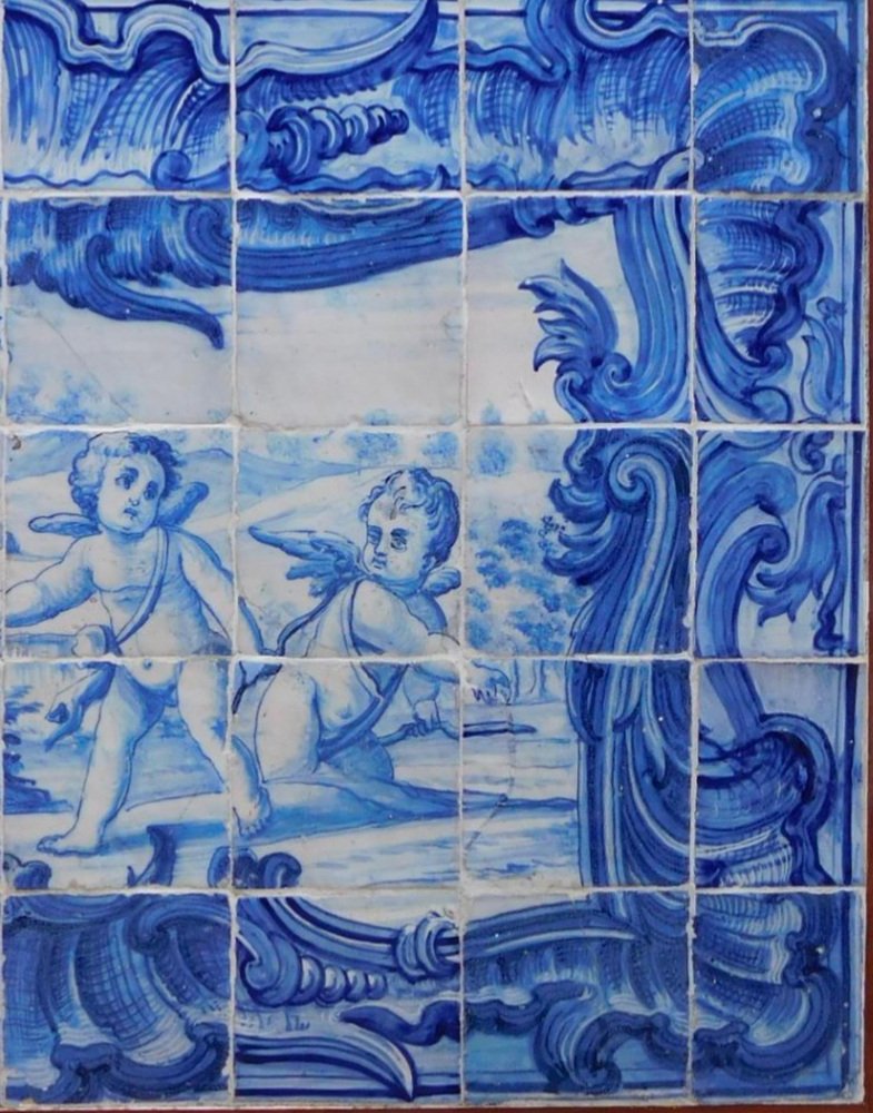 18th Century Portuguese Tiles Panel with Playing Angels Decor, Set of 40